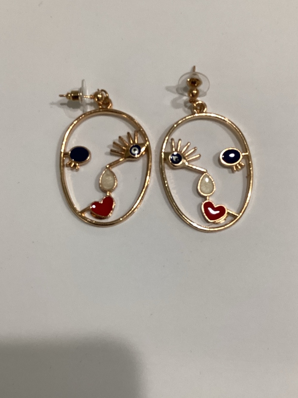 Fashion Jewelry Gold Abstract Face Drop Earrings with Red & Blue Accents